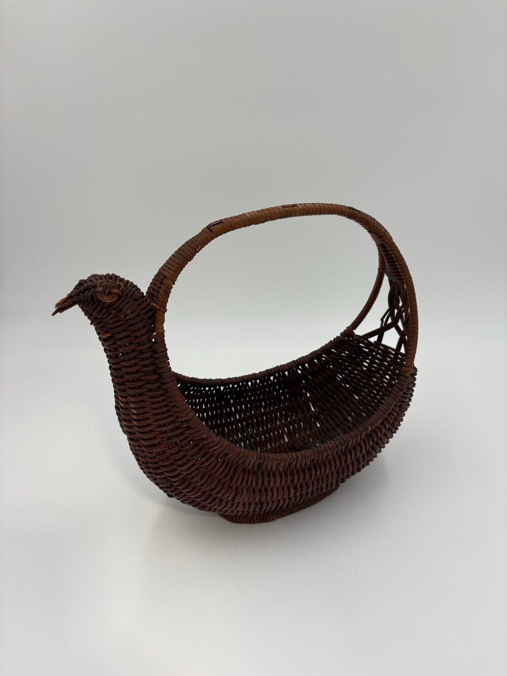 Vintage wicker bird basket hand woven rattan folk art gathering basket